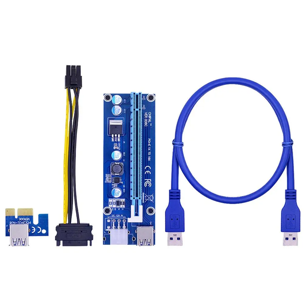 

Переходная карта для Ver006c Pci-e, Райзер 006c Pcie 1x до 16x, удлинитель 60 см, 100 см, Usb 3,0, кабель питания Sata на 6 контактов, шнур питания для майнинга графи...