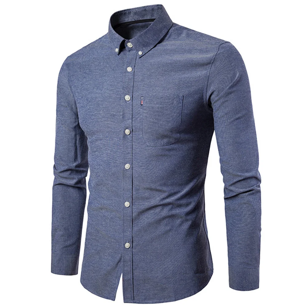 

Men Solid Color Turn Down Collar Long Sleeve Shirt Slim Button Pocket Work Top men Clothing 2020 ropa hombre
