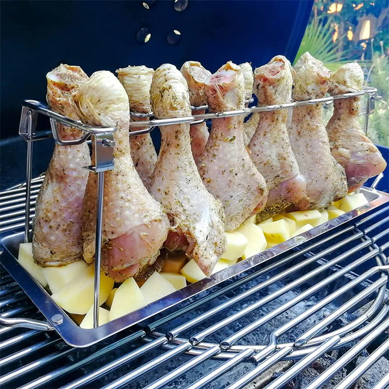 

Stainless Steel Chicken Wing Leg Rack Grill Holder BBQ Beef Chicken Leg Wing Grill Rack 14 Slots With Drip Pan Bbq Accessories