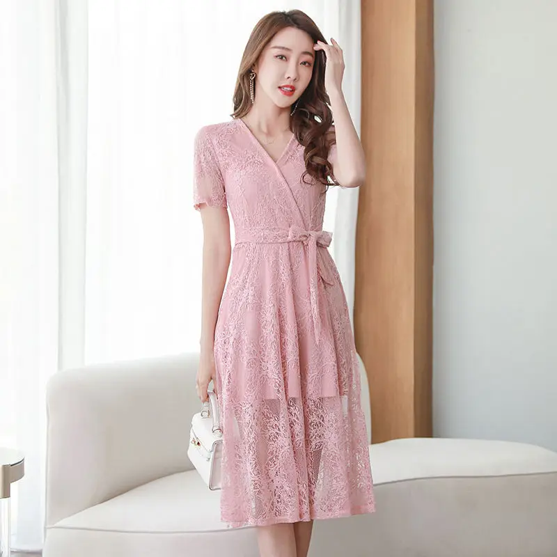 

Women Lace Dress Summer Sexy V Neck Boho Beach Dress Belt Short Sleeve A Line Sundress Elegant Chiffon Party Dresses Vestidos