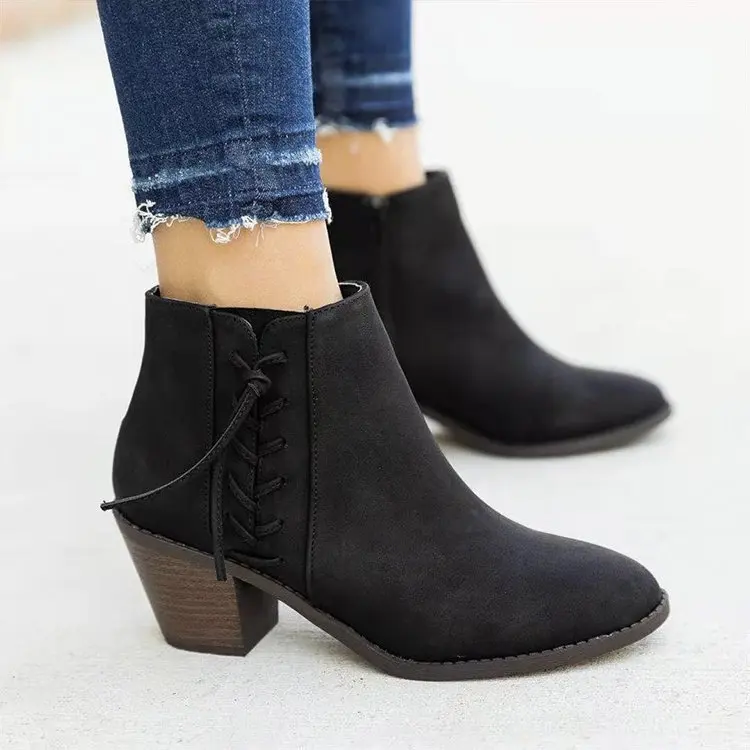 

2020 Side Zipper Short Women's Boots Thick Heel Pointed Rubber Suede Mid Heel Fashion Boots Women's Shoes