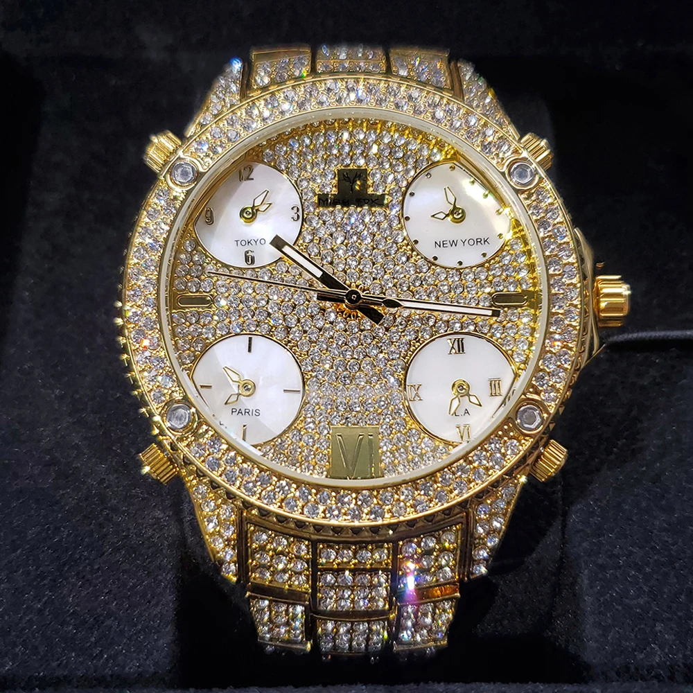 

Hip Hop MISSFOX Fully Iced Out Men Watches Multiple Time Zone Stainless Steel Fashion Luxury Luminous Hand Quartz Business Watch