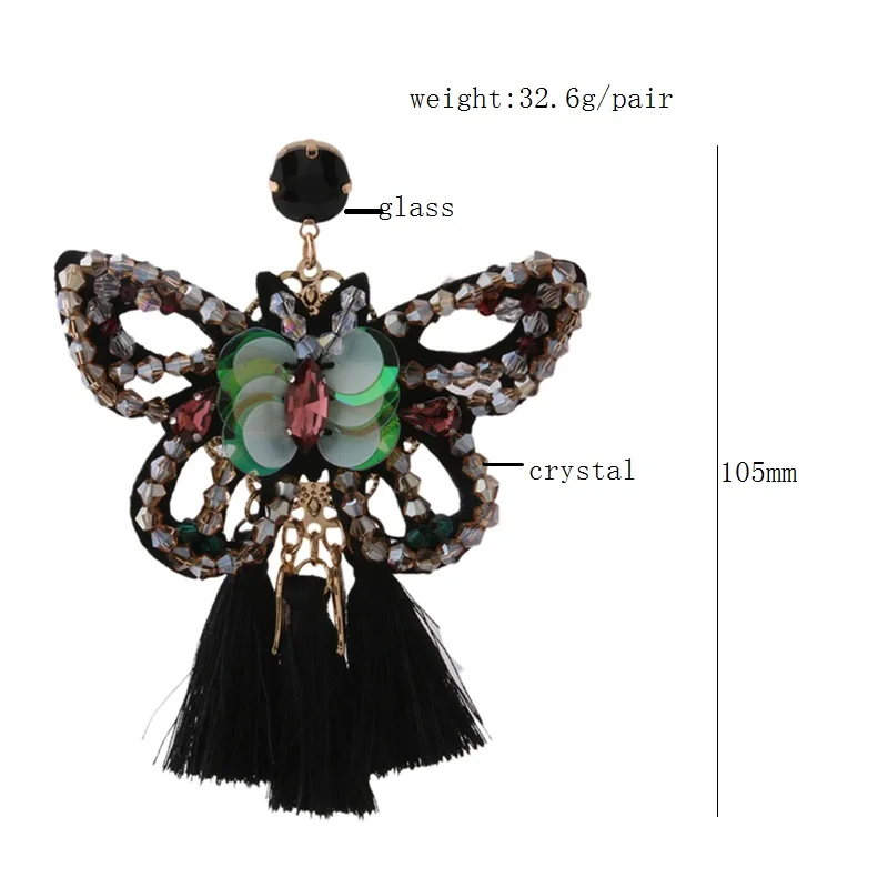 NeeFu WoFu Rhinestone Earrings Tassel Crystal Big butterfly Earring Large Long Brinco Ear Accessories Oorbellen Christmas Gift | Украшения