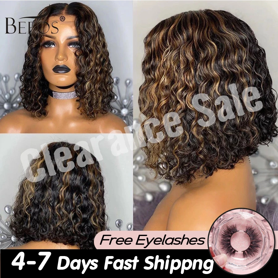 

Beeos 180% 4*4 Closure Human Hair Wig Highlight Colored Curly Bob Pre Plucked Bleached Knots Brazilian Remy Hair