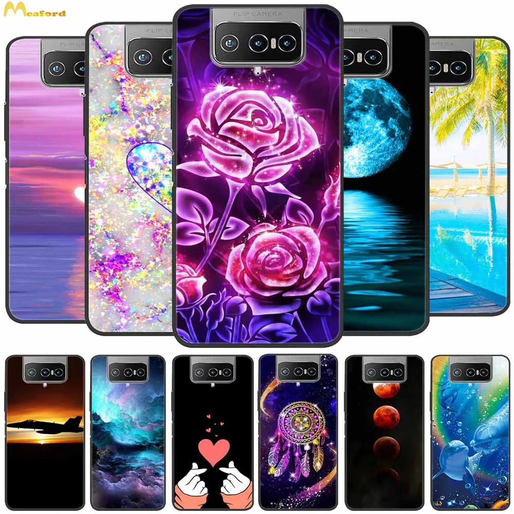 Чехол для Asus Zenfone 7 ZS670KS, мягкий силиконовый чехол для телефона с цветами для Asus I002D Zenfone7 ZS 670KS, задние Чехлы черного цвета из ТПУ с рисунком