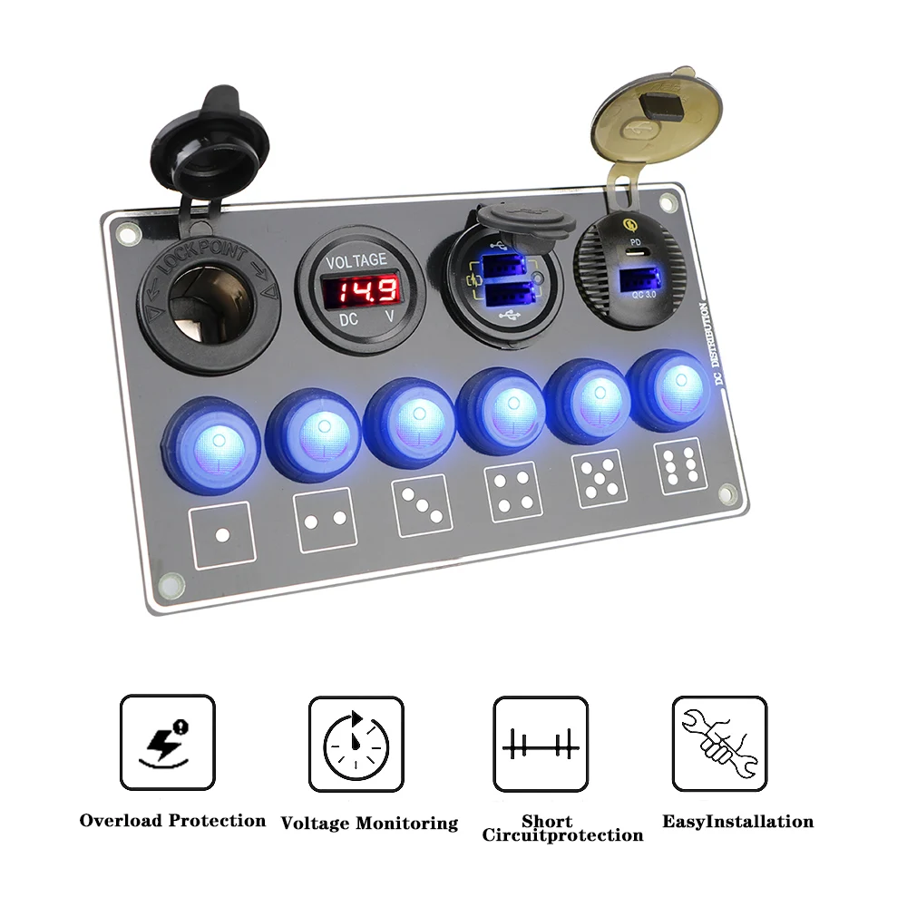 

Панель переключателей для автомобилей, 12/24 в, 6 комплектов, светодиодный дисплей напряжения, быстрая зарядка QC3.0, водонепроницаемая, USB, для а...