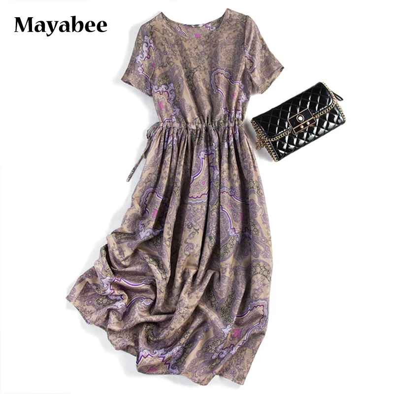 2021 Spring And Summer New Mulberry Silk Dress Purple Retro Color Short-Sleeved Loose Commuter Mid-Length Skirt