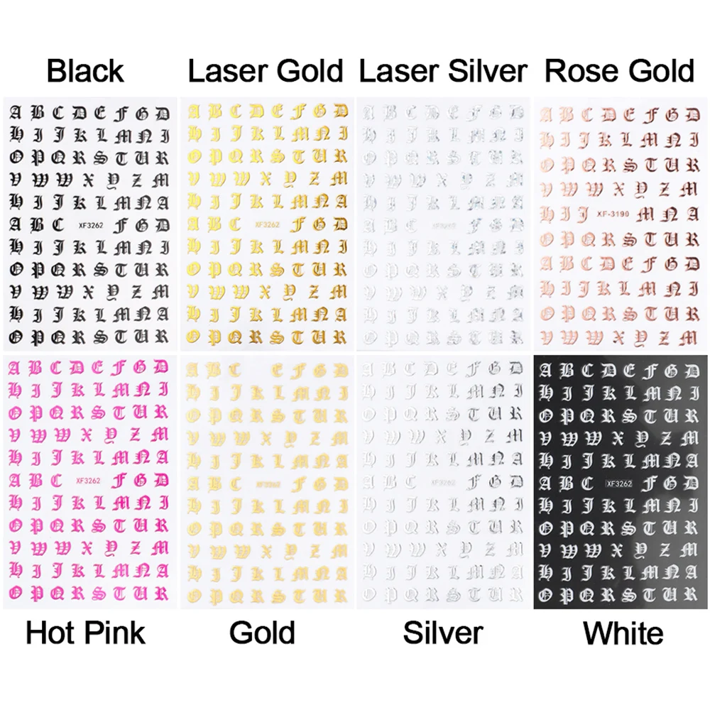 

1 Sheet English Words Nail Stickers Laser Silver Black Adhesive Decals 3D Adhesive Alphabet Letters Stickers DIY Nail Decoration