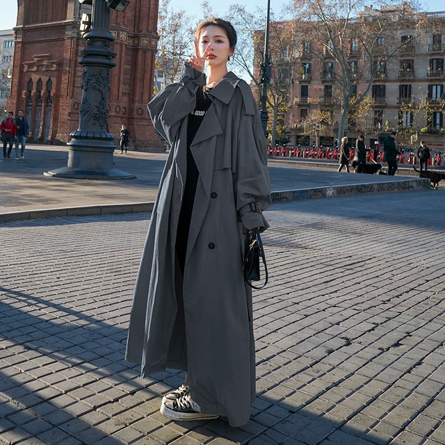 Korean Style Loose Oversized X-Long Women's Trench Coat Double-Breasted Belted Lady Cloak Windbreaker Spring Fall Outerwear Grey 2