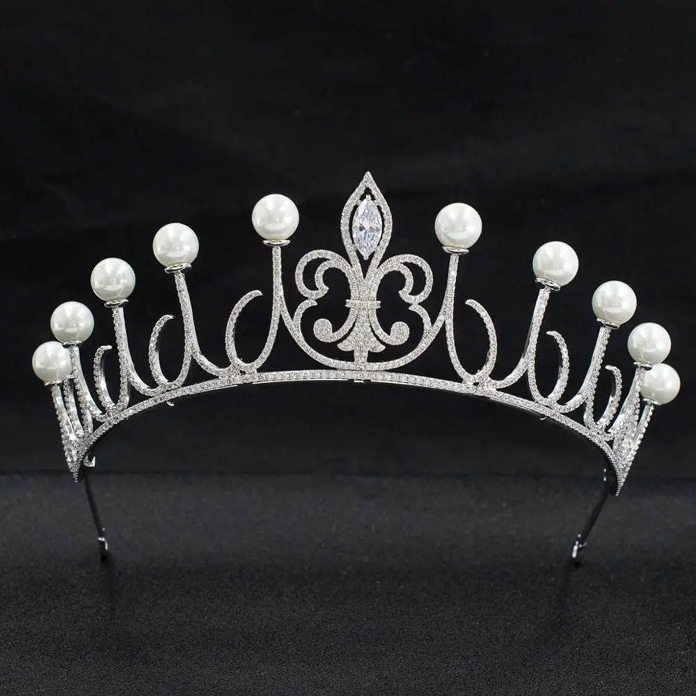 Gorgeous Cubic Zirconia Pearls Wedding Bridal Princess Tiara Crown Diadem Women Hair Jewelry Accessories CH10326