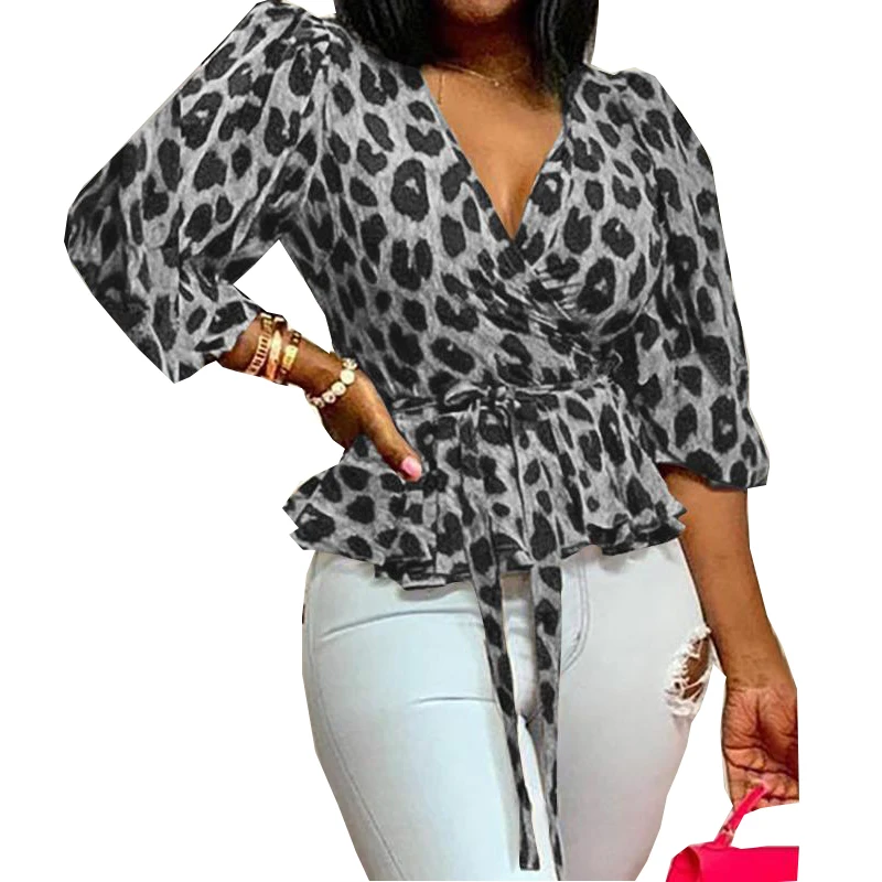 

2021 Women Autumn Sexy V Neck Leopard Print Bandage Long Sleeve Blouse Shirt Ladies Casual Slim Harajuku Tops SJ6974M
