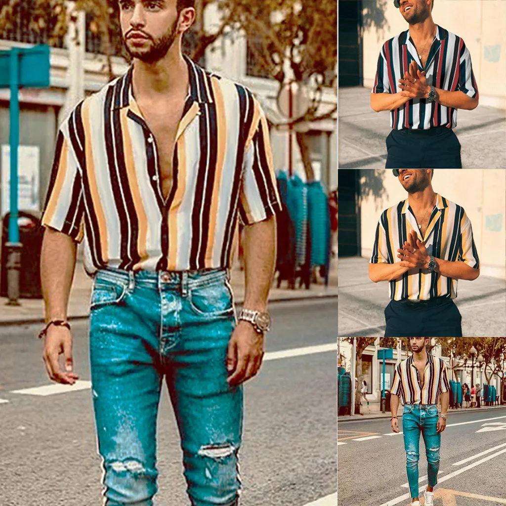 

Hot Mens Shirts Summer Hawaiian Fashion Shirts Casual Striped Shirts Short-Sleeve Button Up shirt Top Male Blouse Men's Clothing