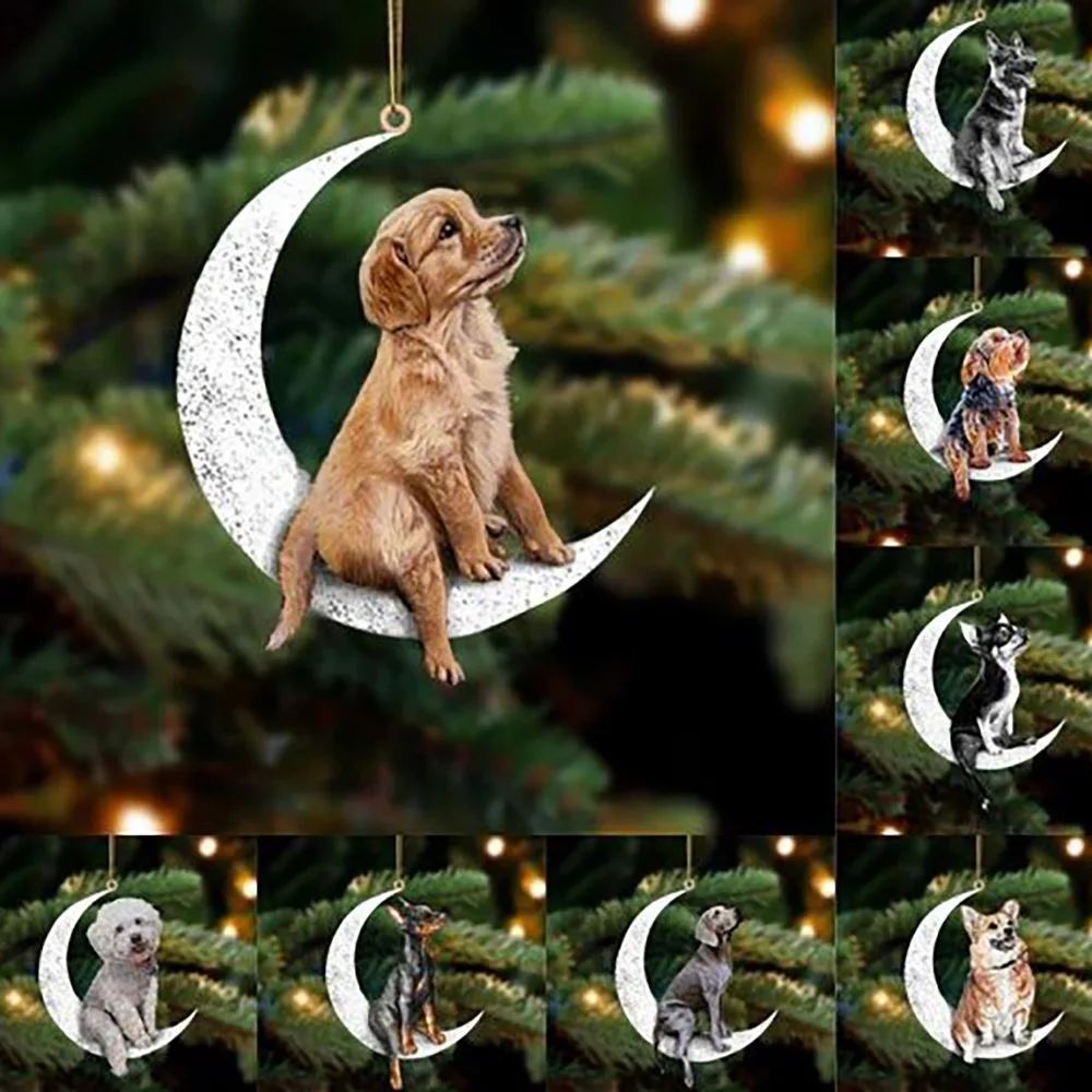 

Creative Pet Dog Christmas Tree Art Hanging Ornament Sit On The Moon Ornament Fit For Winter Christmas Home Car Decoration