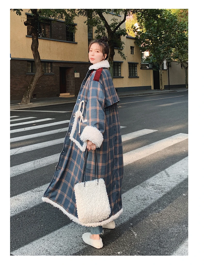 

Winter Clothes Women Plus Size Lambwool Splice Plaid Long Trench Coat Parkas Female Fashion Warm Windbreaker Overcoat Outerwear