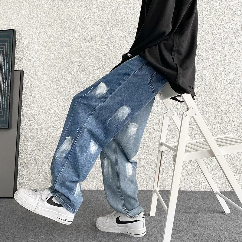 ICCLEK Splash Ink Jeans Men's Straight Loose Pants Spring and Autumn Casual Trousers Ripped Jeans for Men  Straight Leg Jeans