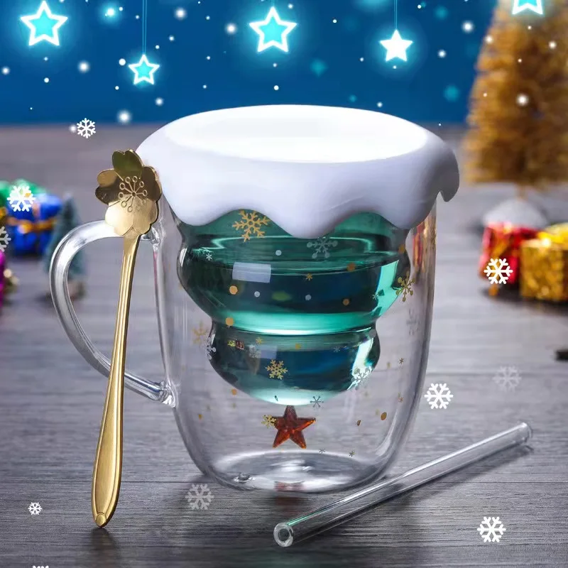 

3D Creative Transparent Double Anti-Scalding Glass Christmas Tree Star Cup Coffee Cup Milk Juice Cup Children's Christmas Gift
