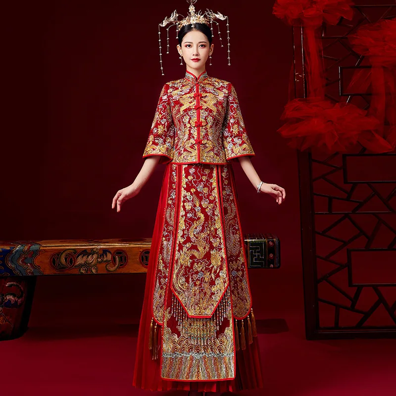 Китайское традиционное свадебное платье Cheongsam дракон феникс одежда Qipao вышивка красный атлас топы для женщин Золотая Парча Платье