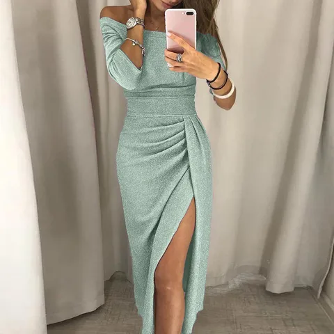 Женское вечернее платье на одно плечо 2021, женское модное сексуальное облегающее платье без бретелек с высоким разрезом, платья с длинным рукавом для свидания