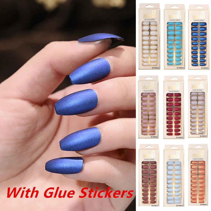 

24PCS Pearlescent Pure Color False Nails ABS Nail Piece Decoration with Glue Sticker Boxed Full Nail Tips Colorful Fake Nail Art