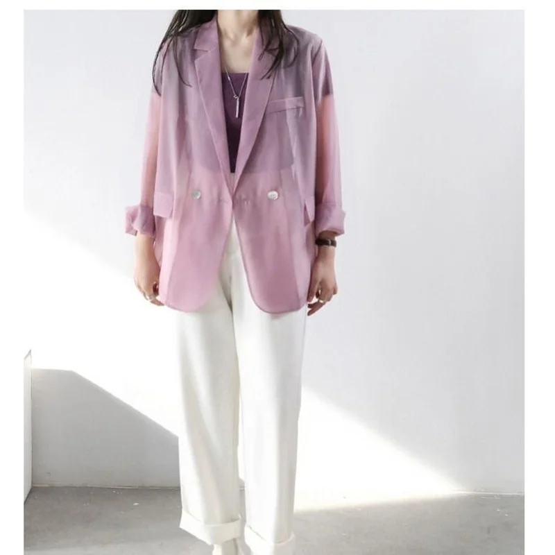 

2021 Spring Summer Women Fashion Solid Color Perspective Blazer Turn-down Collar Long Sleeve Loose Sun Protection Jacket