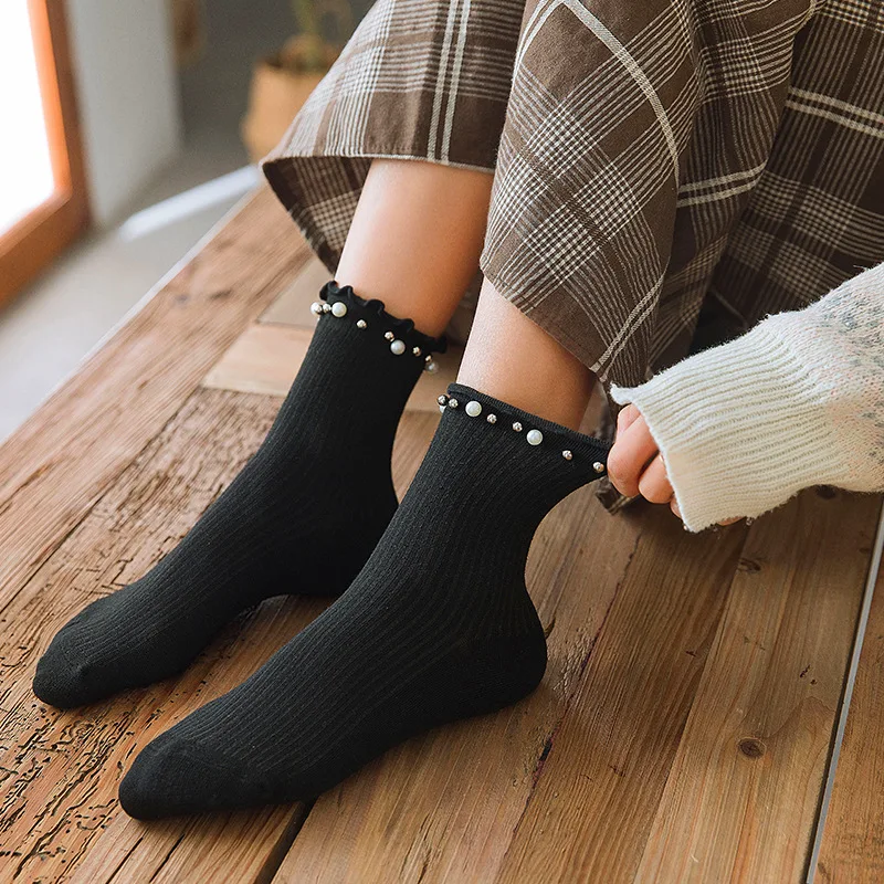 

Clearance Sale Korean Ruffle Socks Fashion Solid Black White Pearl Women's Socks Japanese Kawaii Cute HarajukuVintage Crew Socks