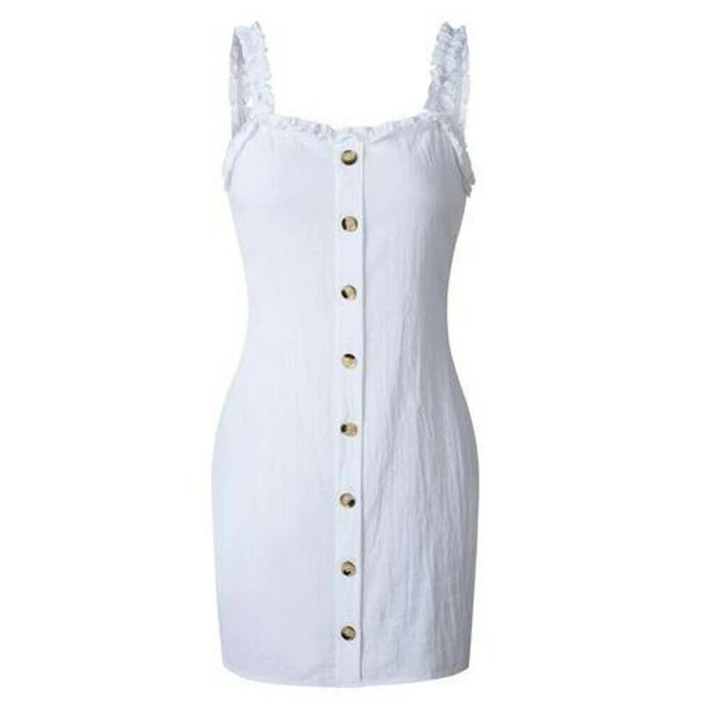 

Women Dress Summer Button Sleeveless Slash Neck Backless Bodycon Sundress Elegant Strap Party Mini Dress Vestido