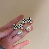 korea black and white checkerboard bowknot pearl earrings female temperament earrings fashion jewelry 2020 new earrings