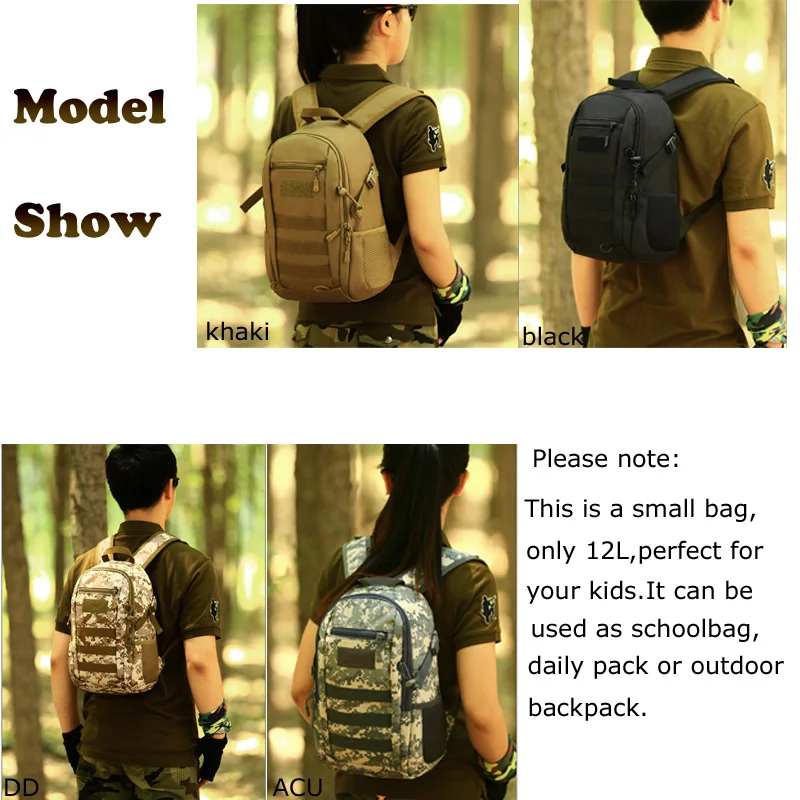 

12L Tactical MOLLE Backpack Children Waterproof Small Backpack School Bags Kids Military Rucksack Assault Pack