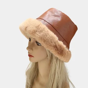 Women's Winter Warm Bucket Hats Faux Fur Leahter Keep Warm Female Elegant Russian Bucket Hat Luxury Bucket Hat