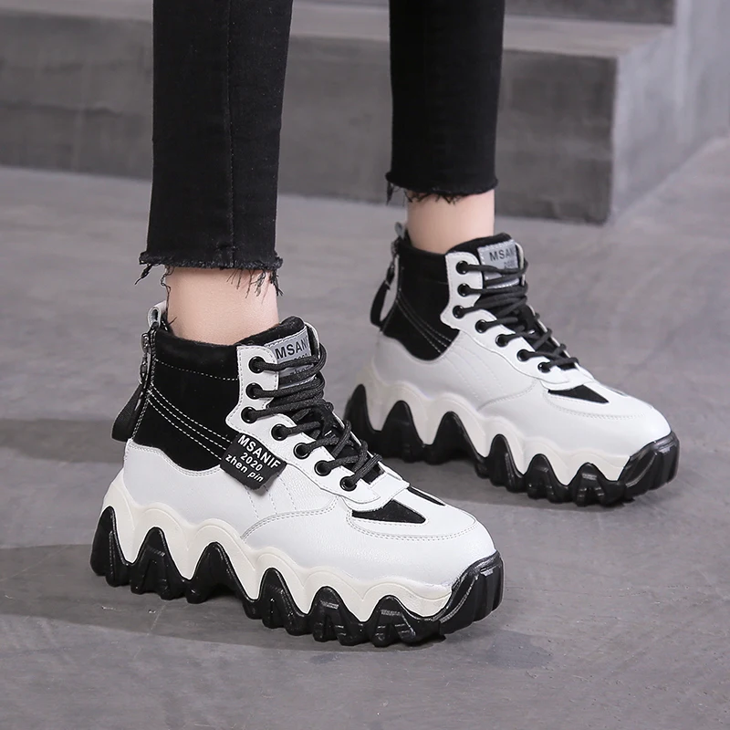 Высокие разноцветные зимние кроссовки женская Вулканизированная обувь на