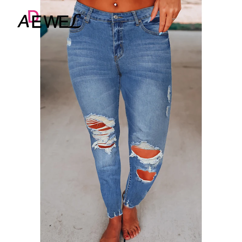 

ADEWEL 2021 Raw Cut Frayed Hem Medium Wash High Waist Jeans Pantalones Vaqueros Mujer Woman Hip Lift Pants Kobieta Spodnie XL