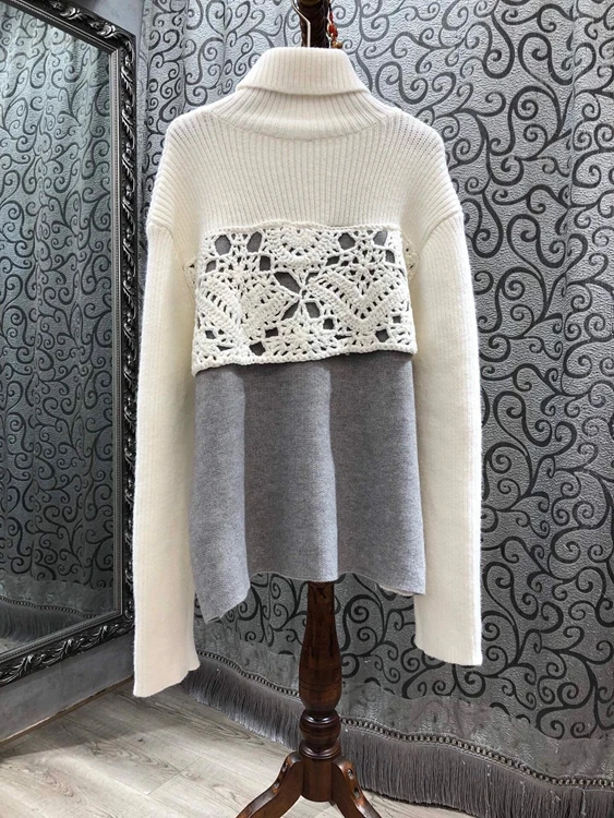 

2020 autumn and winter new women's high neck back irregular color matching stitching long-sleeved sweater 1020