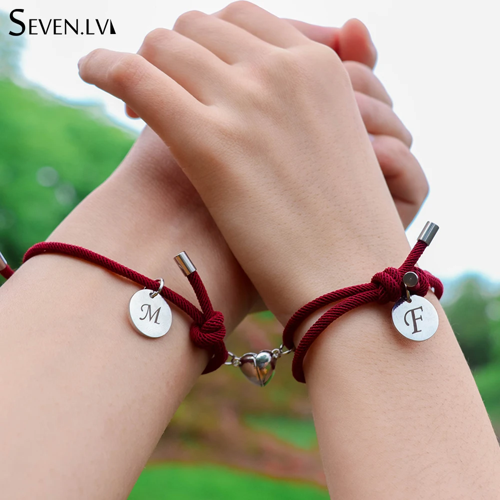 2pcs / set custom 26 letters charm couple Bracelet Fashion heart magnet attract braided rope bracelets for women men wholesale