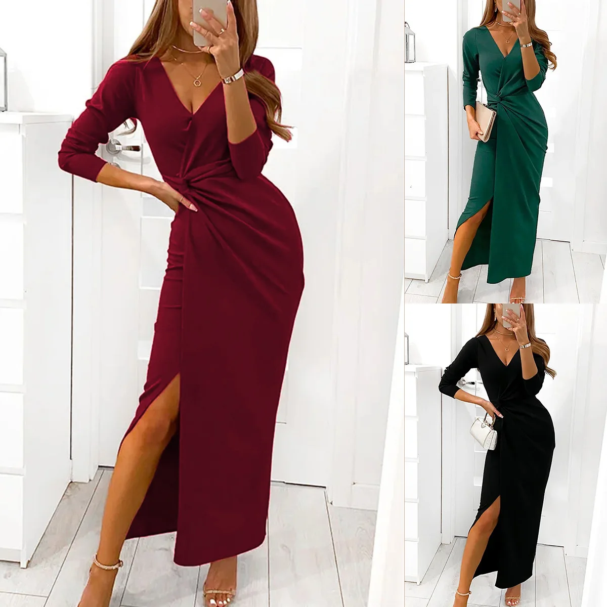 

2021 autumn new V-neck fashion long sleeve split sexy solid dress temperament evening dress dress
