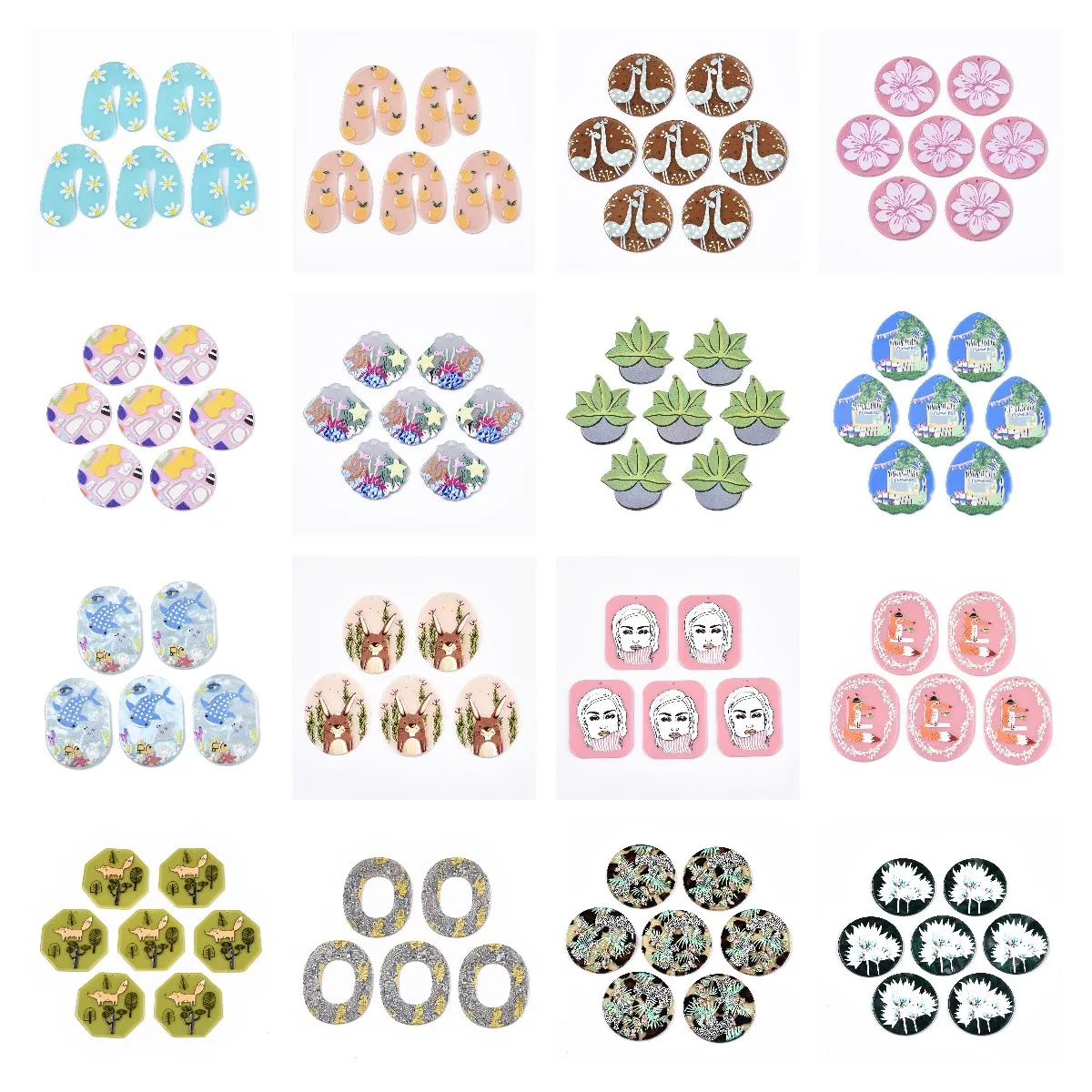 

2Pcs Acetic Acid Resin Pendants Cute Cartoon Animal Flower Plant Printed Charms For DIY Necklace Earring Dangle Jewelry Making