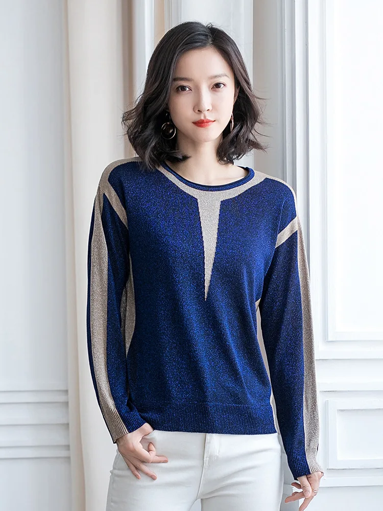 

Autumn Winter Office Lady Knitted O Neck Blue Color Sweater Fashion Loose Size S-xl Women Patchwork Pullover Jl-aym1935