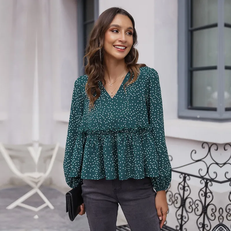 

Ladies Ruffles Polka Point Pullovers Tops Casual V Neck Lantern Sleeve Autumn Print Blouse Shirt For Women