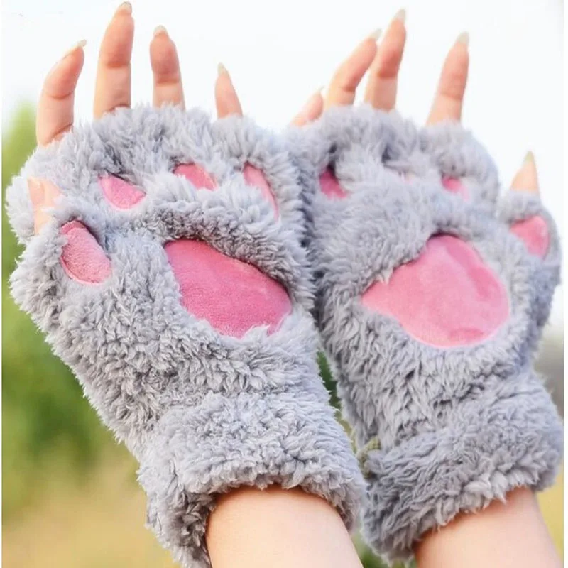 

Women Cute Cat Claw Paw Plush Mittens Warm Soft Plush Short Fingerless Fluffy Bear Cat Gloves Costume Half Finger Black Beige