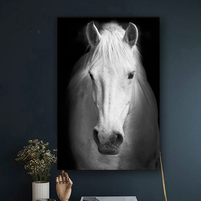 

Wild Animals Black Background White Horse Canvas Posters and Prints Art Canvas Paintings Wall Art Pictures for Living Room