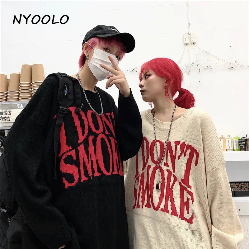 NYOOLO повседневный уличный жаккардовый свободный свитер с надписью «I't SMOKE», осенне-зимний пуловер с длинными рукавами и круглым вырезом, свитер для женщин и мужчин