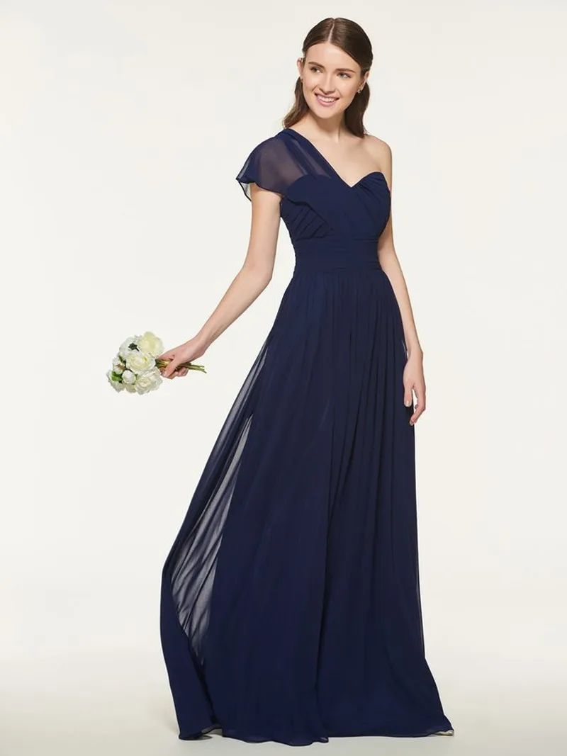 

Dignified Elegant Chiffon One Shoulder A-Line Long Bridesmaid Dress Woman Dresses for Party and Wedding Long Party Dress