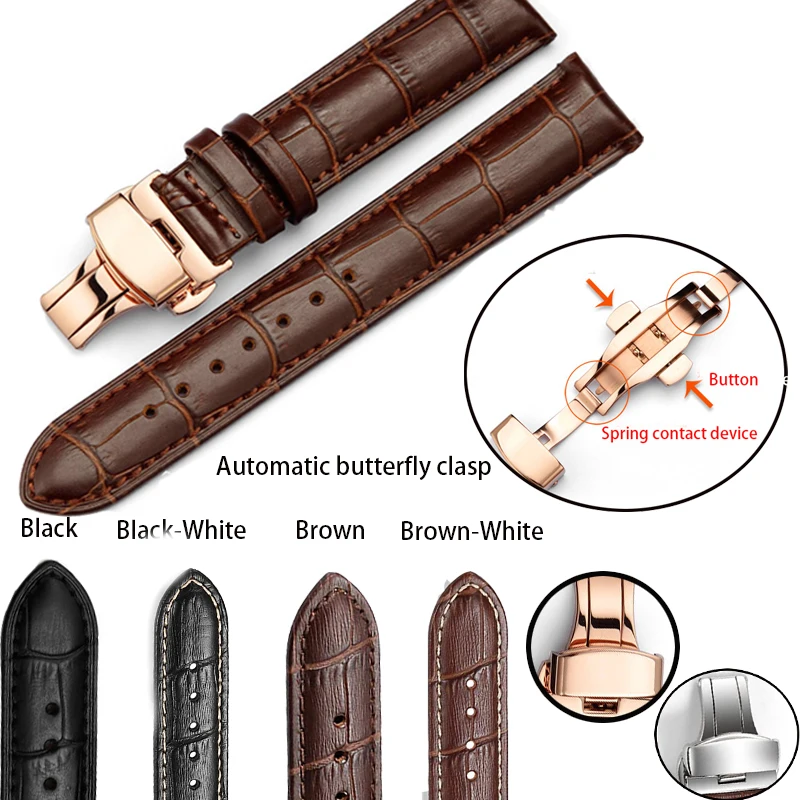 

14-24mm Genuine Leather Watchband Calfskin Leather Watch Band Automatic Butterfly Buckle Strap Bracelet Accessories Wristband