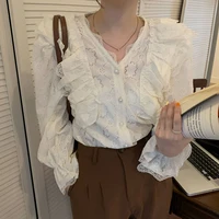 autumn new lace ruffled patchwork blouse women v neck sweet buttons solid ladies top long sleeve lace flower hollow shirt