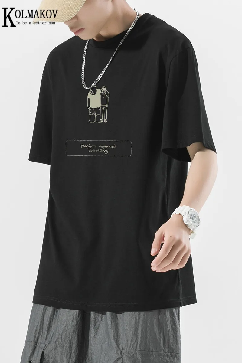 

KOLMAKOV New Summer 2021 Men's T-Shirt With Short Sleeves Cotton Base Shirt Round Collar Leisure Loose 4 Color Size M-5XL
