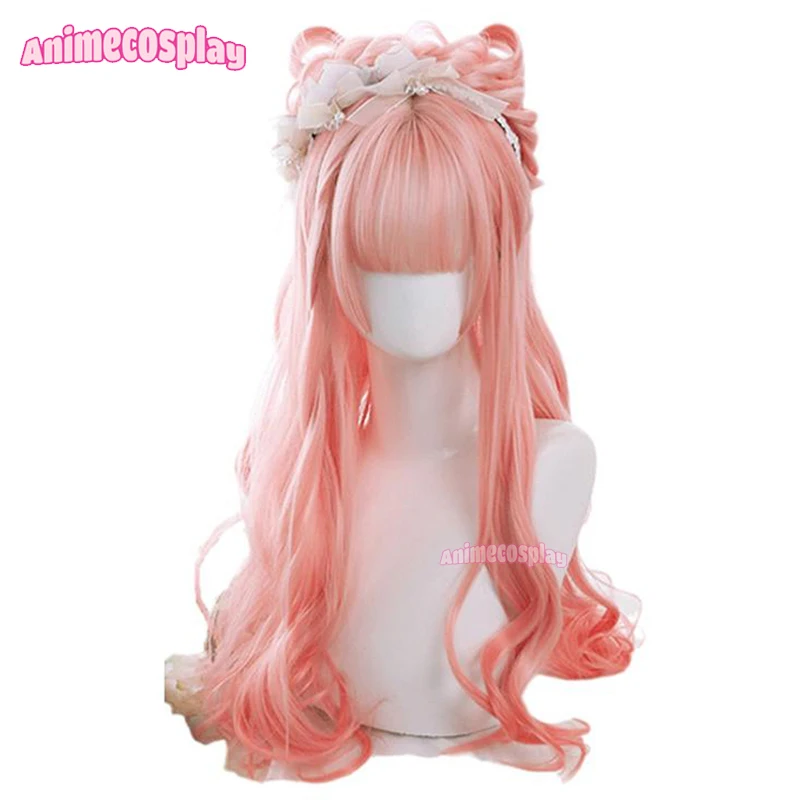 

Animecosplay 65cm Pink Gradient Lolita Wigs Women Halloween Long Curly Wave Sweet Harajuku Japanese Cosplay Hair With Flat Bangs