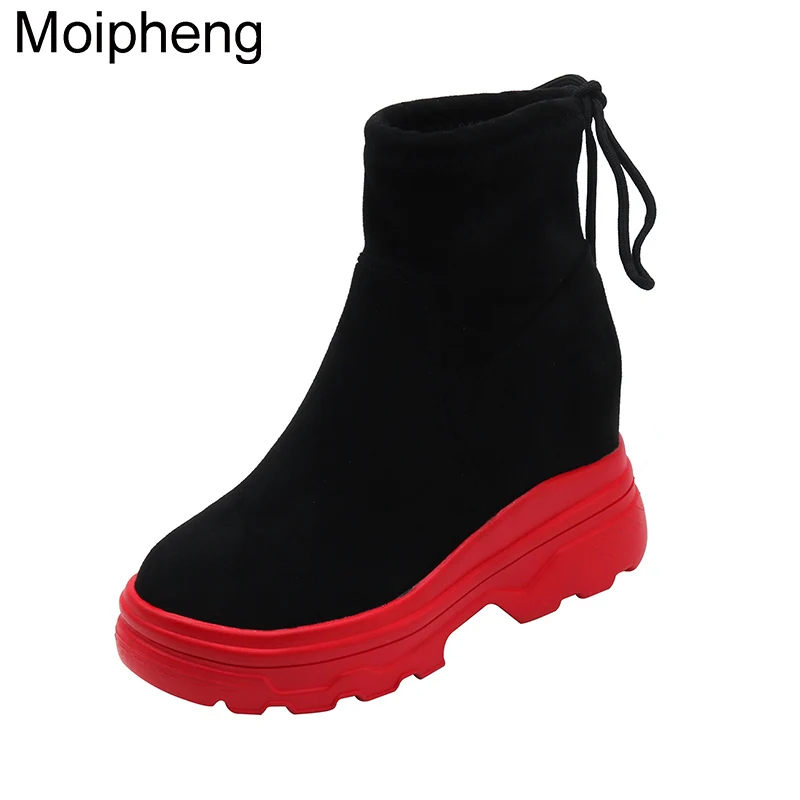 Moipheng/новые женские ботинки; коллекция года; пикантная обувь с красной подошвой; женские ботильоны из флока на шнуровке, визуально увеличивающие рост; botas Zapatos De Mujer