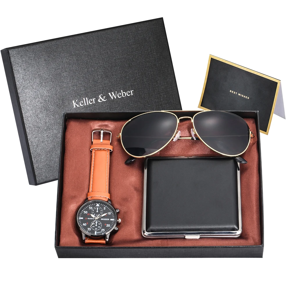 Модные мужские часы солнцезащитные очки кошелек/сигарета чехол подарочные