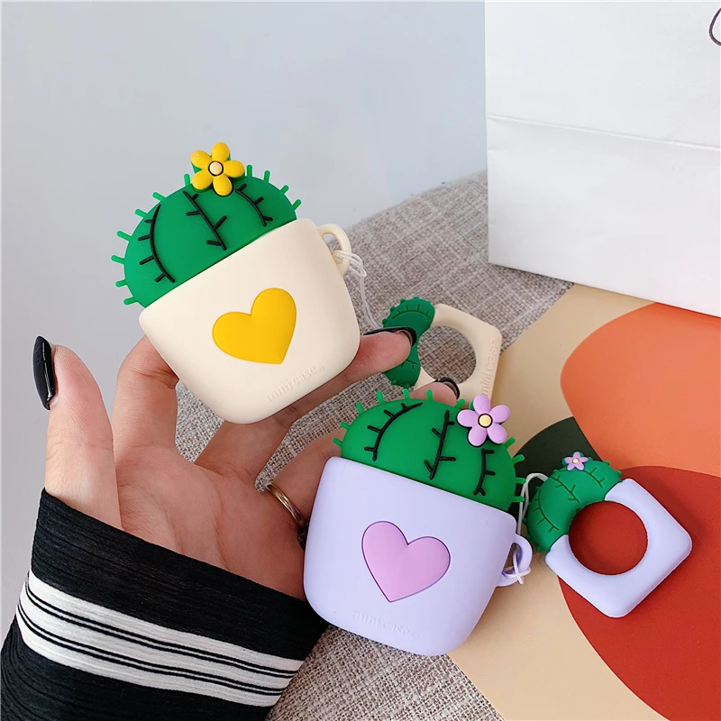 

For AirPods 1 2 Case Cute Cartoon Cactus Earphone Cases For Apple Airpods Cover Funda Keychain Ring