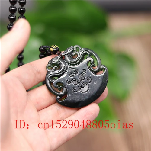 Ожерелье из натурального черного и зеленого нефрита с подвеской в виде дракона