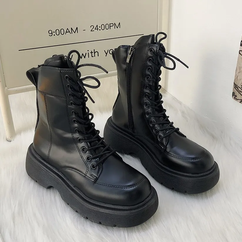 

SLHJC England Style Women Platform Shoes Autumn Leather Boot Med Heel Ankle Booties Casual Short Motor Boot
